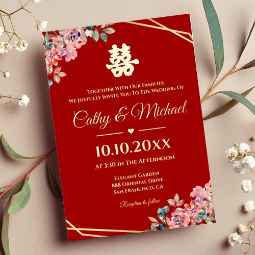 Red gold geometric floral wreath Chinese wedding Foil Invitation
