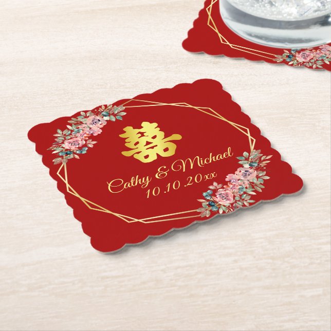 Red gold geometric floral wreath Chinese wedding Paper Coaster (Angled)