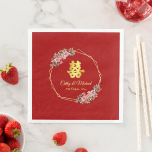 Red gold geometric floral wreath Chinese wedding Paper Dinner Napkins