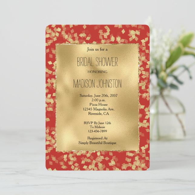 Red Gold Glam Confetti Abstract Bridal Shower Invitation (Standing Front)