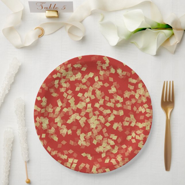 Red Gold Glam Confetti  Paper Plates (Wedding)