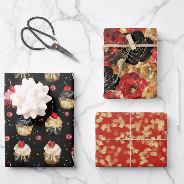 Red Gold Glam Cupcakes Flowers Birthday Wrapping Paper Sheets (Front)