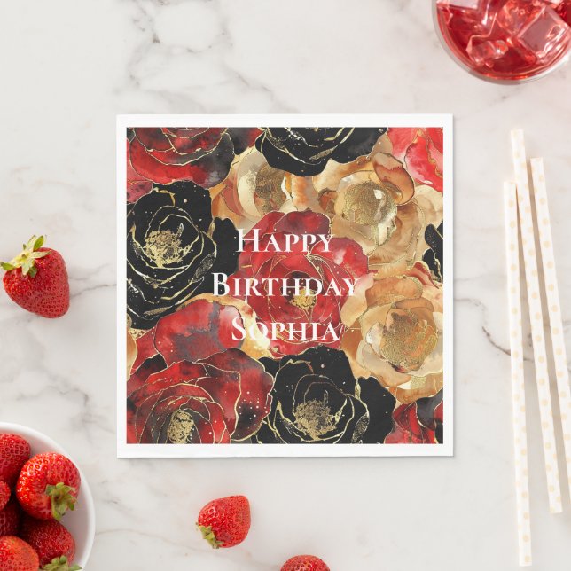 Red Gold Glam Flowers Birthday Napkins (Insitu)