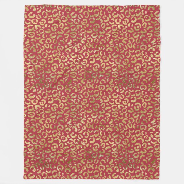 Red Gold Glam Leopard Print Fleece Blanket (Front)