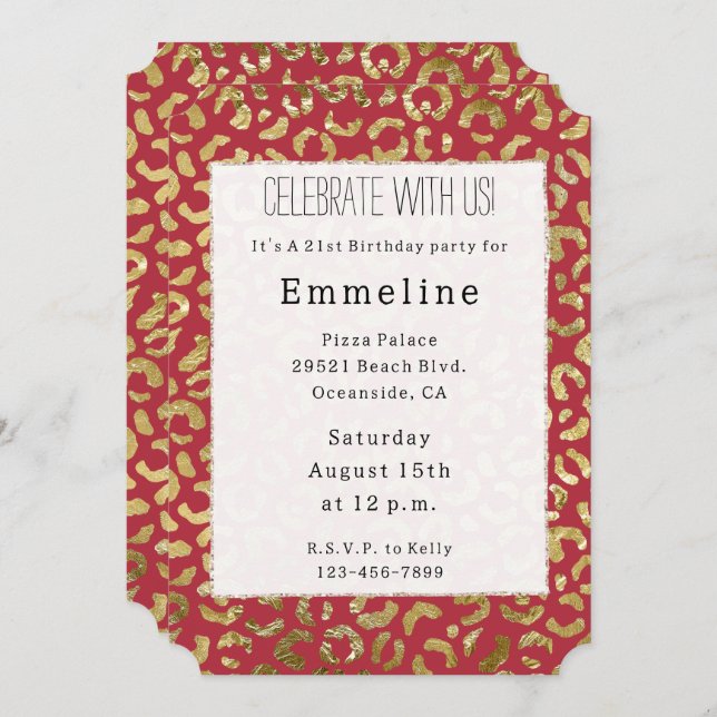 Red Gold Glam Leopard Print Invitation (Front/Back)