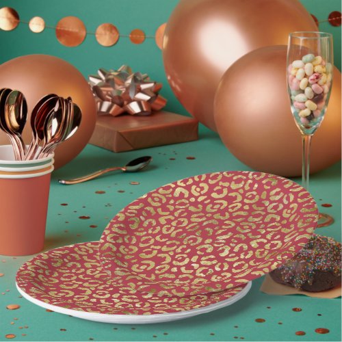 Red Gold Glam Leopard Print Paper Plates