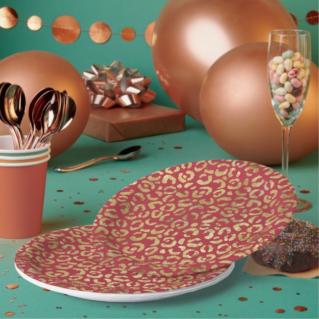 Red Gold Glam Leopard Print Paper Plates (Multi)