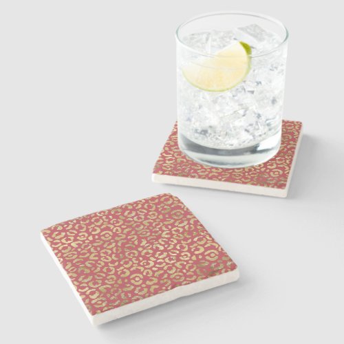 Red Gold Glam Leopard Print Stone Coaster