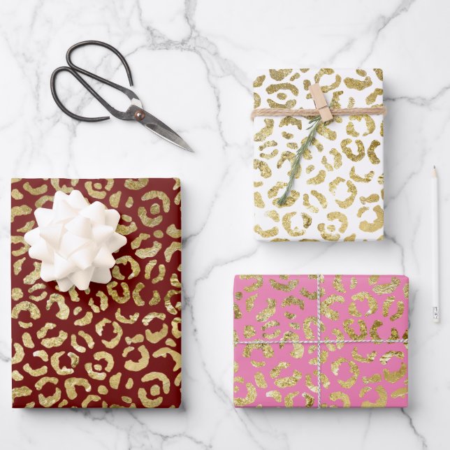 Red Gold Glam Leopard Print Wrapping Paper Sheets (Front)