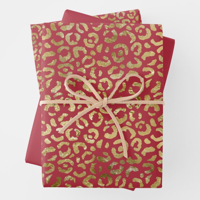 Red Gold Glam Leopard Print Wrapping Paper Sheets (In situ)