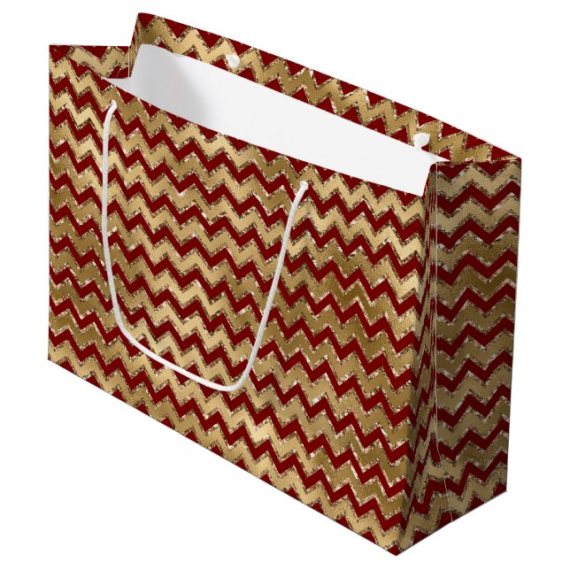 Red Gold Glam Zigzag Stripes Christmas Large Gift Bag (Front Angled)