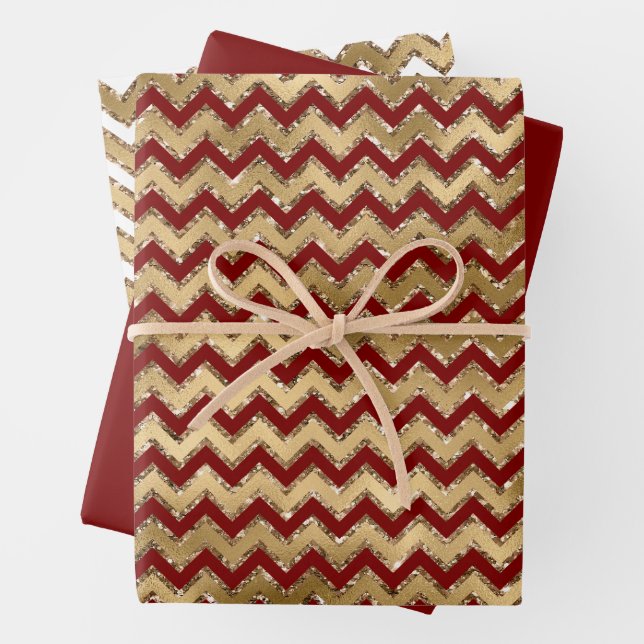 Red Gold Glam Zigzag Stripes Christmas Wrapping Paper Sheets (In situ)