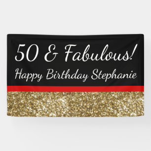 Red Gold Glitter 50th Fabulous Birthday Party Banner