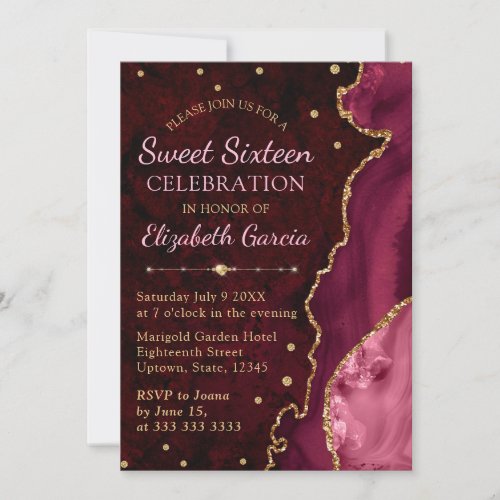 Red  Gold Glitter Agate and marble Sweet 16 Invitation