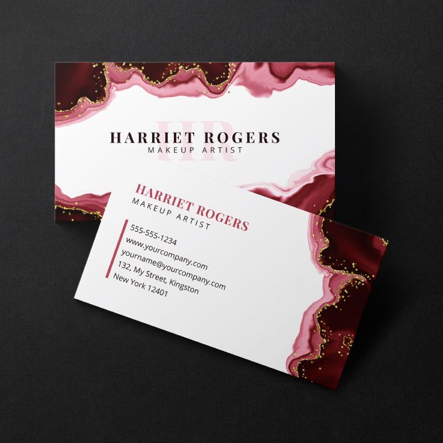 Red Gold Glitter Agate Makeup Artist Initial Logo Business Card (Creator Uploaded)