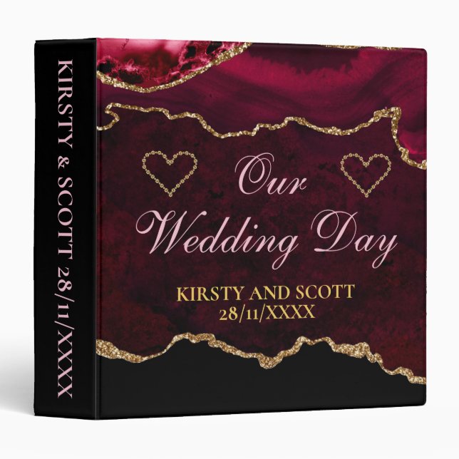 Red & Gold Glitter Agate Wedding Photo Album 3 Ring Binder (Front/Spine)