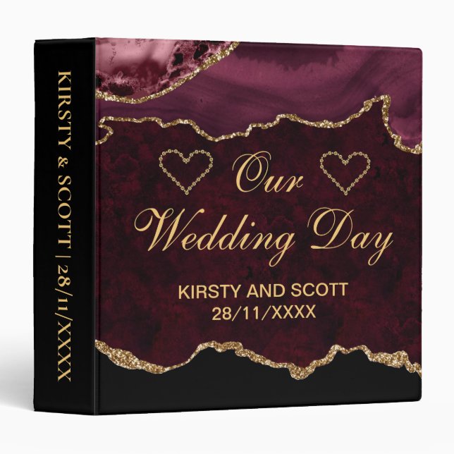 Red & Gold Glitter Agate Wedding Photo Album 3 Ring Binder (Front/Spine)