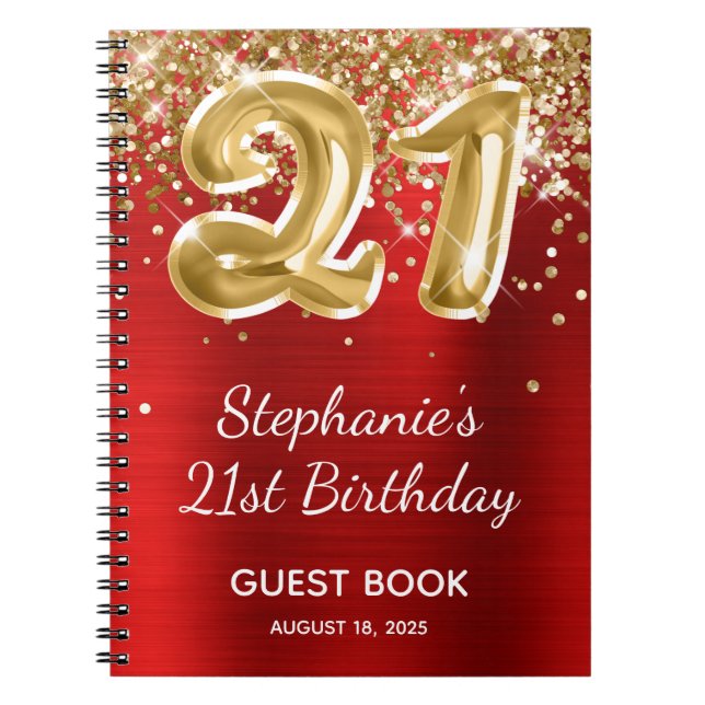 Red Gold Glitter Balloon 21st Birthday Guest Book (Front)