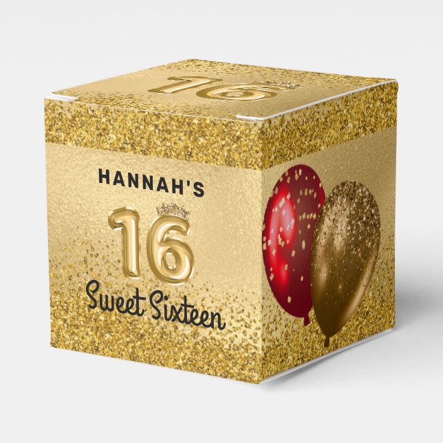 Red Gold Glitter Balloons Sweet 16 Sixteen Favor Boxes (Front Side)
