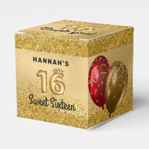 Red Gold Glitter Balloons Sweet 16 Sixteen Favor Boxes