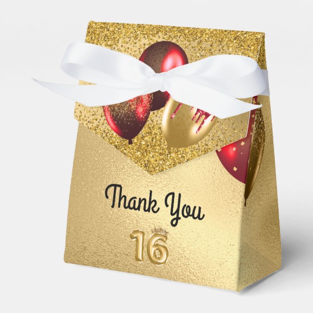Red Gold Glitter Balloons Sweet 16 Sixteen Favor Boxes (Front Side)
