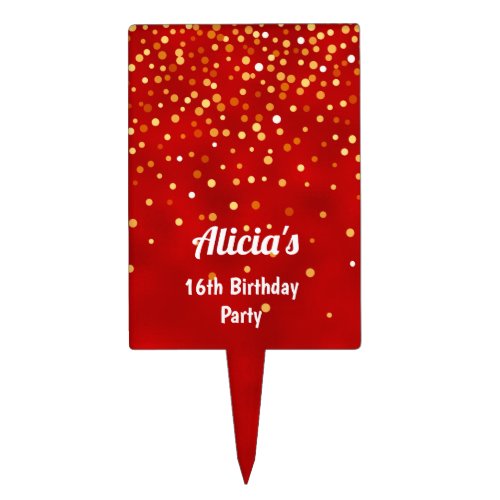 Red Gold Glitter Birthday Party  Cake Topper