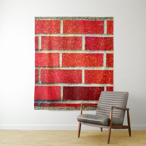 Red  Gold Glitter Brick Festive Christmas Holiday Tapestry