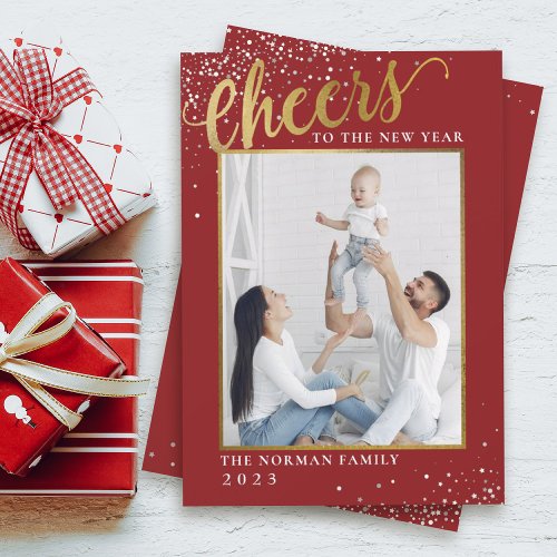 Red Gold Glitter Cheers to the New Year Photo Holiday Card