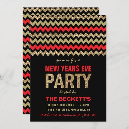 Red  Gold Glitter Chevron New Years Party Invitation