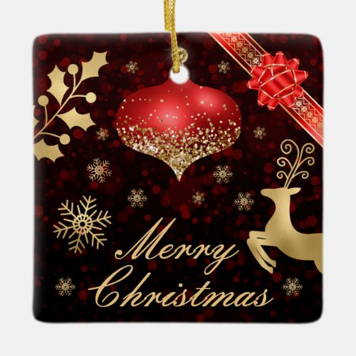 Red  Gold Glitter Christmas bauble and Ribbon Ceramic Ornament