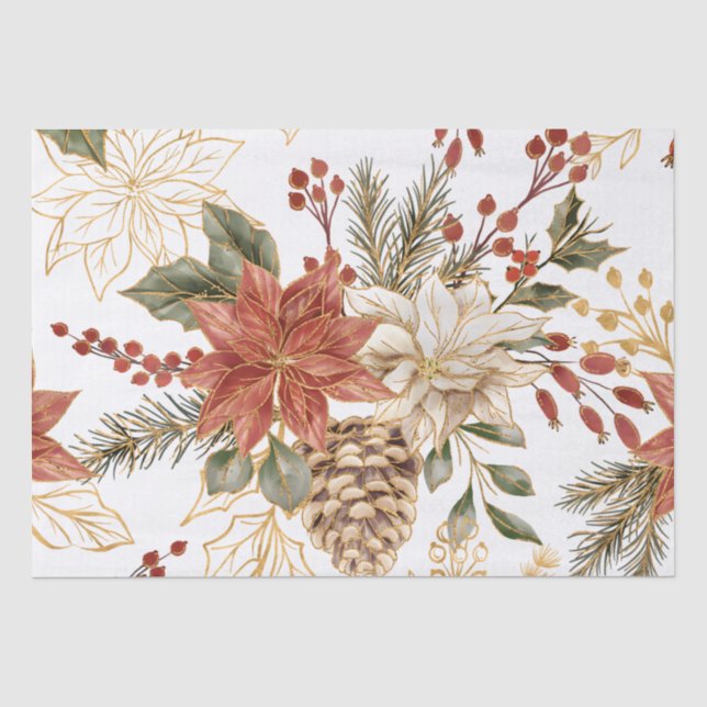 Red Gold Glitter Christmas Floral  Tissue Paper (Front)