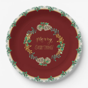 Red Gold Glitter Christmas Merry Everything Holly Paper Plates