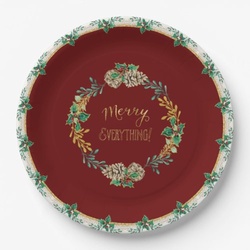 Red Gold Glitter Christmas Merry Everything Holly Paper Plates