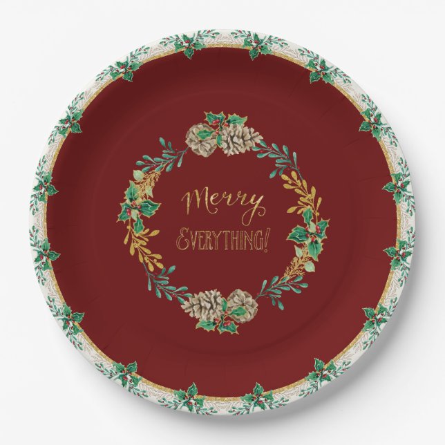 Red Gold Glitter Christmas Merry Everything Holly Paper Plates (Front)
