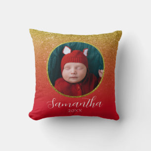 Red Gold Glitter Christmas Personalized Baby Photo Throw Pillow