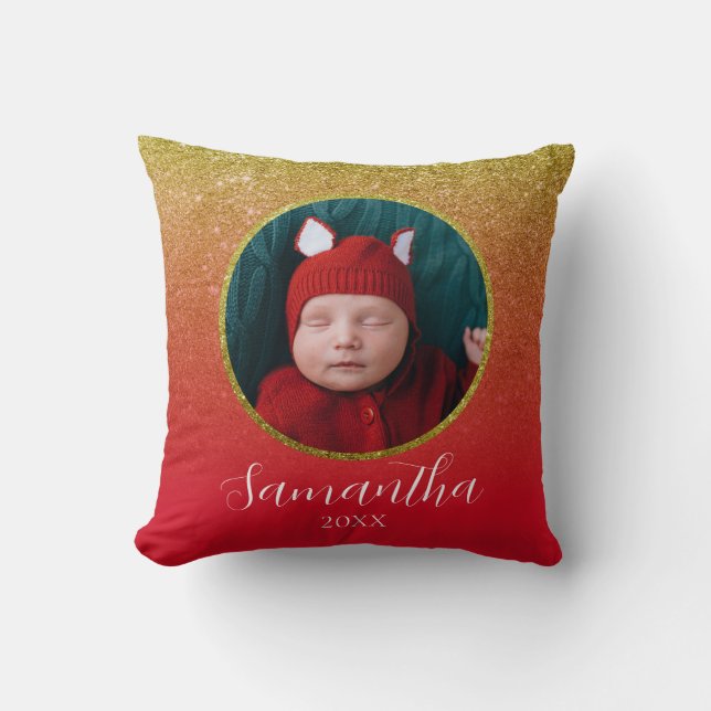Red Gold Glitter Christmas Personalized Baby Photo Throw Pillow (Front)
