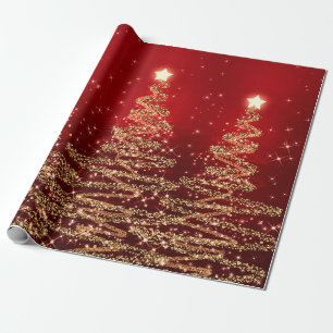 Red & Gold Glitter Christmas Trees Holiday Wrapping Paper