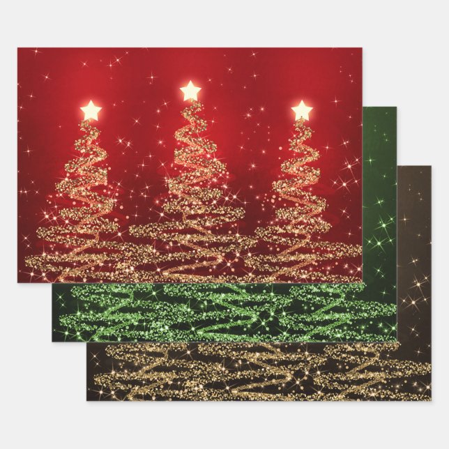 Red & Gold Glitter Christmas Trees Holiday Wrapping Paper Sheets (Set)