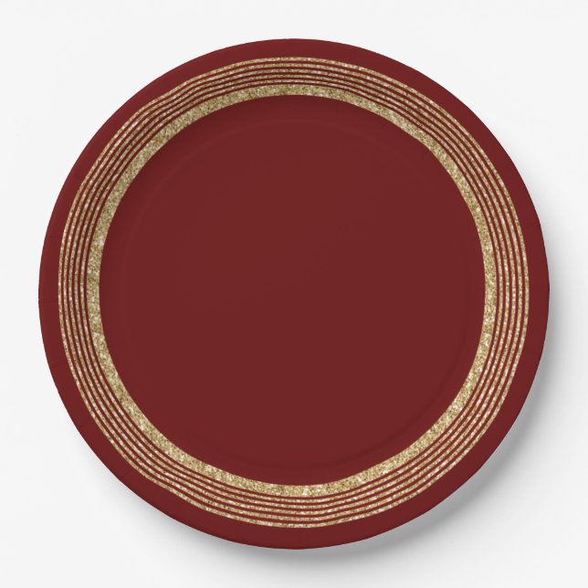 Red Gold Glitter Circles Paper Plates (Front)