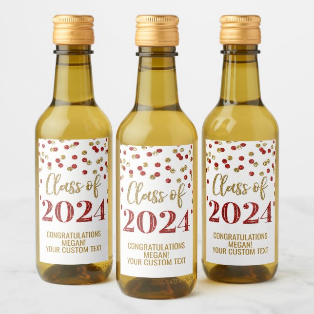 Red Gold Glitter Confetti Graduation Wine Label (Bottles)