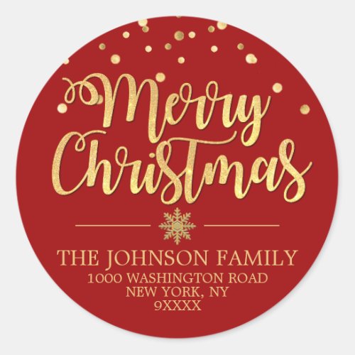 RED Gold Glitter Confetti Merry Christmas Address Classic Round Sticker