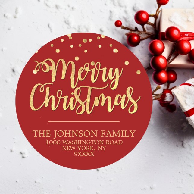 RED Gold Glitter Confetti Merry Christmas Address Classic Round Sticker (RED Gold Glitter Confetti Merry Christmas Address Classic Round Sticker)