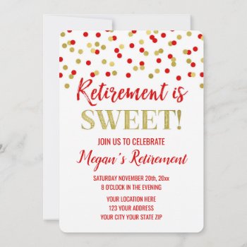 Red Gold Glitter Confetti Retirement Party Invitation by DreamingMindCards at Zazzle