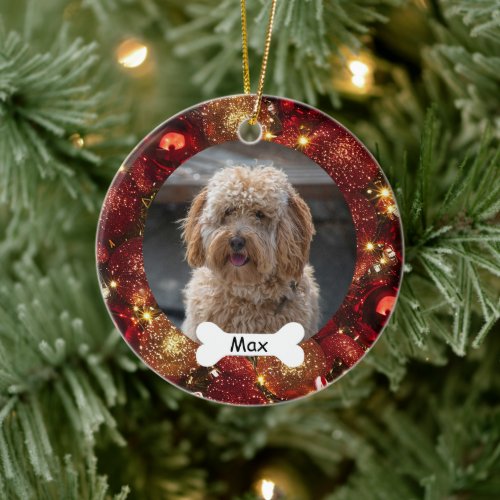 Red Gold Glitter Custom Pet Puppy Dog Photo Ceramic Ornament