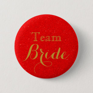 Red Gold Glitter Faux Foil Wedding Team Bride Button