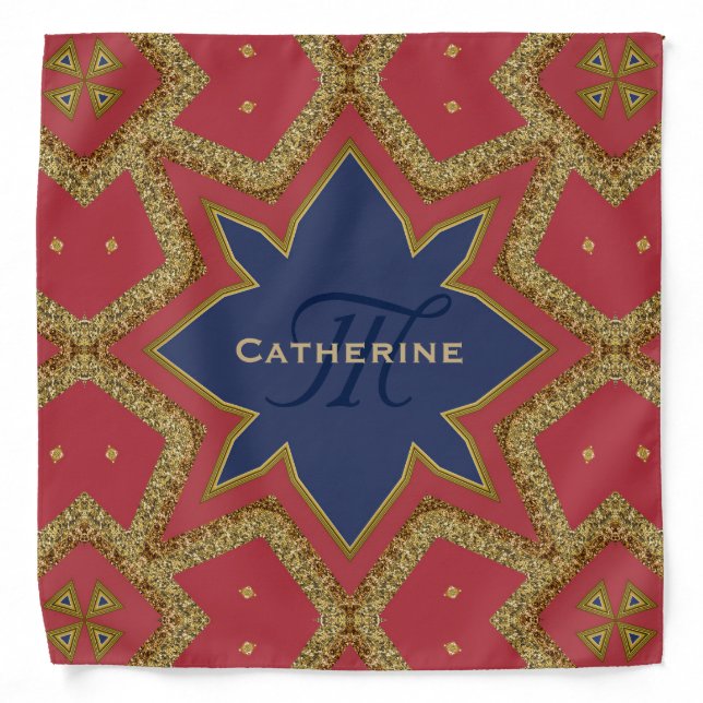 Red Gold Glitter Geometric Monogram Bandana (Front)