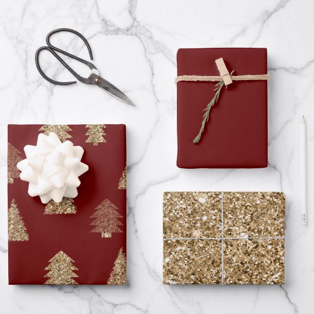 Red Gold Glitter Glam Christmas Trees Wrapping Paper Sheets (Front)