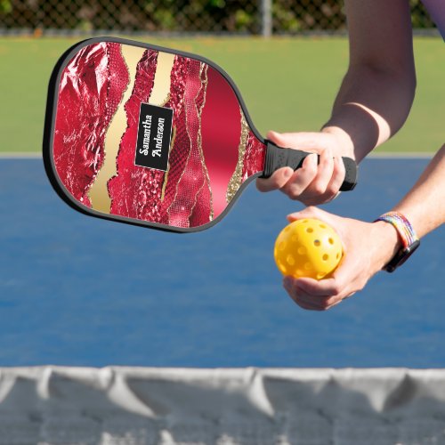  Red gold glitter glam name classy chic Pickleball Paddle