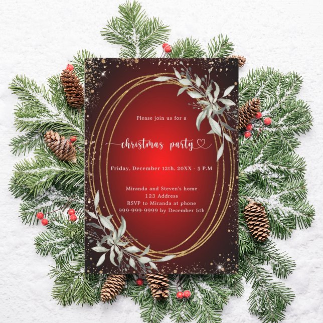 Red gold glitter greenery Christmas Party Invitation (Creator Uploaded)