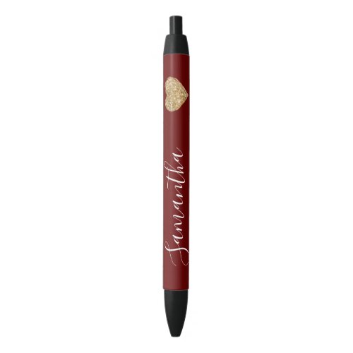 Red Gold Glitter Heart Personalized Name Black Ink Pen